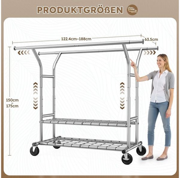 Klyvvo Kleiderständer mit ausziehbarer Struktur & zwei Lagernetzen, 200kg Höchstgewicht, (1 St), reichlich Stauraum für Kleidung & Accessoires Bild 3