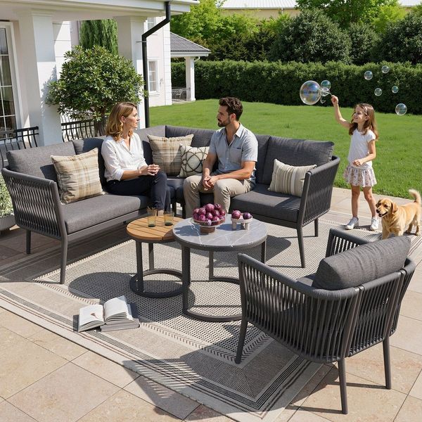 Merax Gartenlounge-Set Seil Balkonset, (6-tlg, Modulares Sofa Set aus Seil & Eisen, für Terrasse & Balkon), 6-Sitzer Gartenmöbel mit 2 Couchtische, Sitzbank, Sofa, Sessel, Hocker