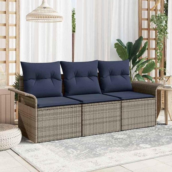 vidaXL Garten-Sofa-Set mit Kissen mit Speicher 3 pcs Grau Poly Rattan 3353894