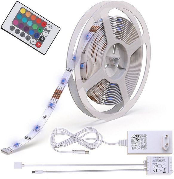 B.K.Licht - LED Strip 5m mit Fernbedienung, buntes RGB Licht, dimmbar, Farbwechsel, LED Streifen, Leiste, Zimmer deko, Gaming Deko, Band, Lichtleiste, Lichtband, 500 x 1 x 3 cm, Weiß