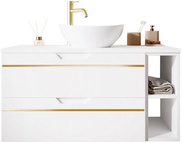 Lookway Badmöbel-Set OPIUM II Hängeschrank Weiß matt mit Soft-Close, (Badezimmerschrank mit wählbarem, Becken und Armatur), mit Soft-Close-System