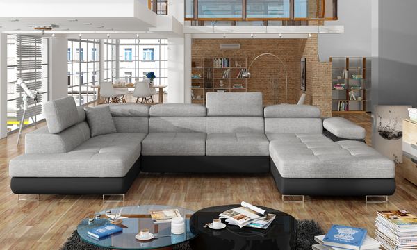 Eltap 'Rodrigo' Ecksofa mit Bettkasten, 90 x 345 x 202 cm, Hellgrau / Schwarz, Links