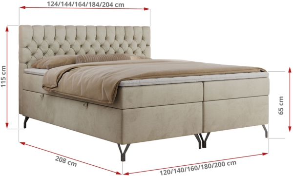 Boxspringbett mit Kopfteil und Topper, Polsterbett - GRIMALDI - 160 x 200 cm - Beige Velvet - H3 Bild 5