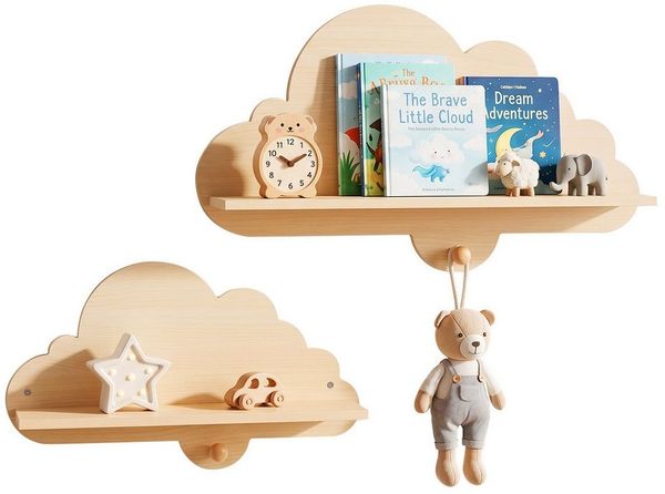 COSTWAY Kinderregal, 2-tlg, Schweberegal im Wolkenform aus Massivholz, mit Haken