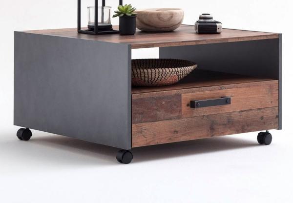 trendteam smart living 'Indy' Couchtisch mit Schubkasten auf Rollen, Old Used Wood Shabby / Grau, 70 x 70 cm