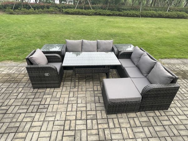 Fimous 8 Sitzer Rattan Gartenmöbel-Set Langer Rechteckiger Esstisch und Sesseln Set mit 3 Sitzer Sofa 2 Beistelltischen Großer Fußhocker Dunkelgrau gemischt
