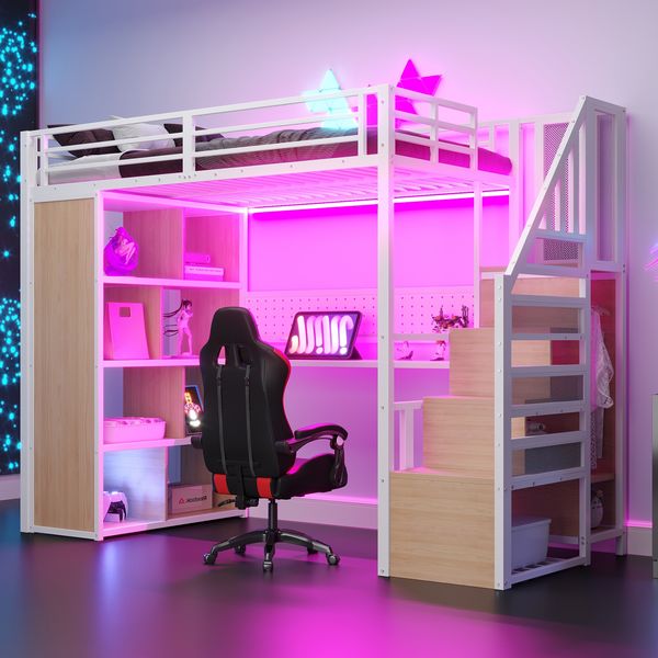 Merax Hochbett, 90 x 200 cm, Kinderbett, Einzelbett, mit Kleiderschrank und Staufächern, Schreibtisch mit Steckdosen, Lochblech und LED-Lichtleiste, Weiß