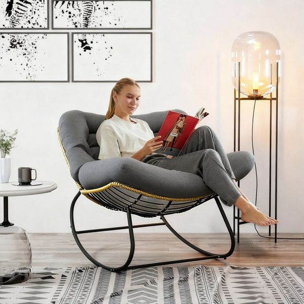 TWSOUL Schaukelsessel mit gepolstertem Kissen, Rattanstuhl Stahlrahmen Loungesessel, B93cm x T59cm x H76cm Bis 170kg Balkon Garten Wohnzimmer Schlafzimmer