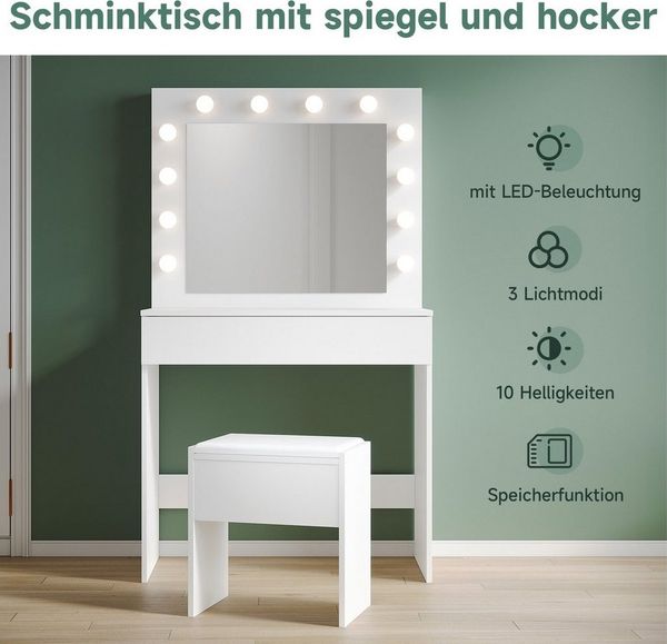SONNI Schminktisch Schminktisch Weiss/Schwarz mit LED-Beleuchtung, 80x40x140cm, mit Spiegel, Hocker, Schublade,Kosmetiktisch,3 Lichtmodi