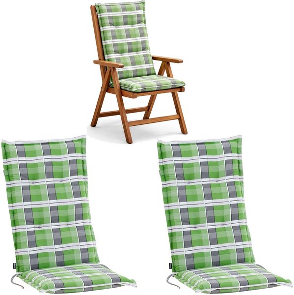 BURI 2x Auflagen Set Hochlehner für Gartenstühle 120 x 48 x 7 cm Sesselauflagen Polster UV Lichtecht - Gartenstuhlauflagen Karo Muster Stuhlkissen mit Dicker Schaumstoff Füllung (Grün/Grau)