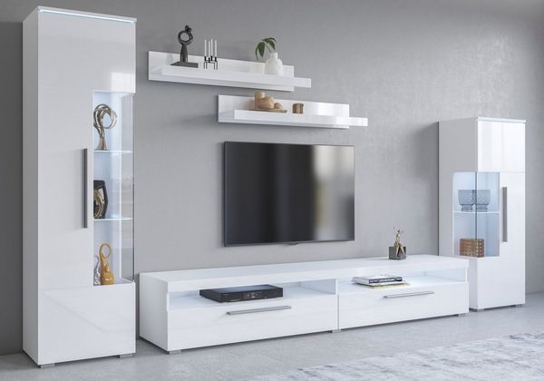 INOSIGN Wohnwand India,Breite 290cm moderne Mediawand ohne Beleuchtung, (Set, 5-St, fdete), Anbuwand (Set,5-St, 2xVitrine, 1TV-Schrank, 2xWandregal) viel Stauraum