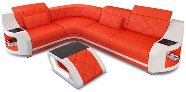 Ecksofa Genua L Form - Echtleder - orange-weiß - Links