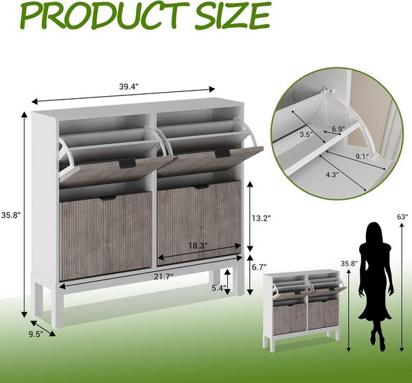 GarveeMore Schuhschrank mit 4 Klappschubladen,Schmal Schuhkipper,Schuhregal,100 x 24 x 91 cm Schuhkommode 4 Flip Tür mit 8 Ablageflächen für Eingang,Flur