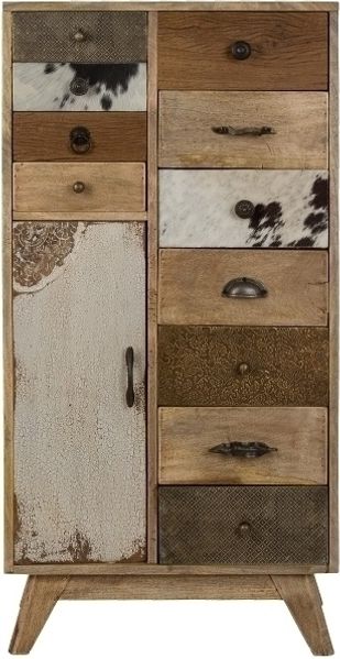 Kommode Neelu 55 x 30 x 110 cm Tannen-Holz Natur 1 Tür 11 Schubladen Frontdekor