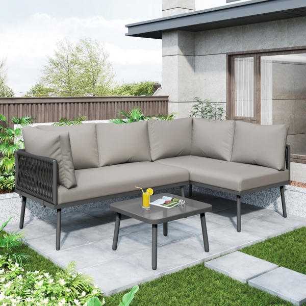 Merax Garten-Lounge-Set aus Eisen, Gartenmöbel-Set aus grauem Seil, L-förmiges Gartenmöbel-Set, Lounge-Set aus grauem Seil mit Sitzkissen