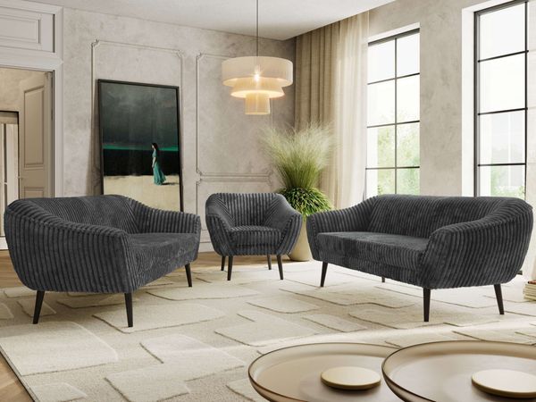 Wohnzimmerset, Möbelset PIRS 3-3-1, Armlehnen, Wellenfederung, schwarze Füße, Dreisitzer Sofas mit Sessel, Polstermöbel Set - Grau Cord