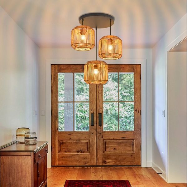 Nettlife Pendelleuchte Rattan 3 flammig Höhenverstellbar Boho E27 Hängeleuchte, Ballonflecht, Ohne Leuchtmittel, für Schlafzimmer Wohnzimmer/Ohne Leuchtmittel