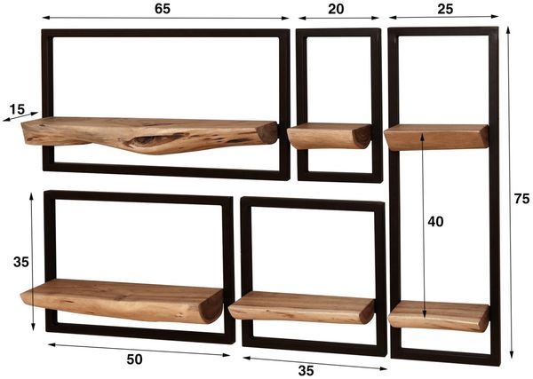 Wandregal Bordna Akazie massiv, Industrial Design mit Metallrahmen, Natur, 5er-Set, 6 Ablagen Bild 4