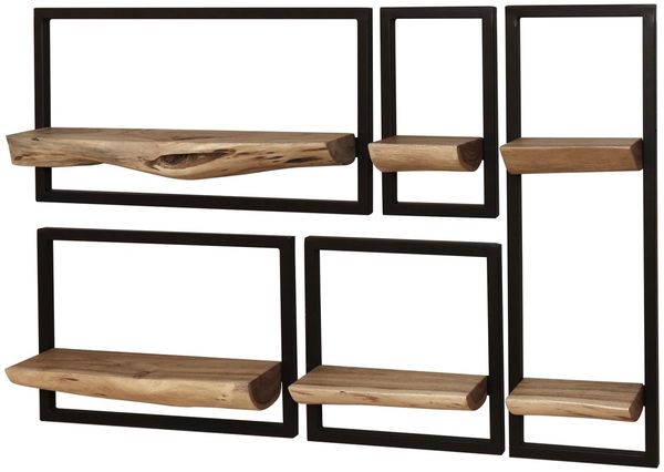Wandregal Bordna Akazie massiv, Industrial Design mit Metallrahmen, Natur, 5er-Set, 6 Ablagen