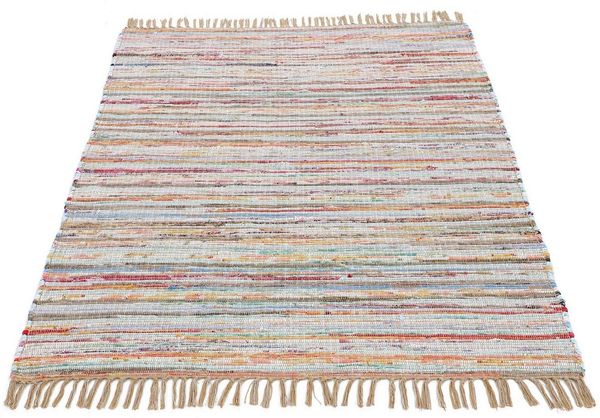 carpetfine 'Kelim Chindi' Teppich, Wendeteppich, rechteckig, Höhe: 6 mm, handgewebt, mit Fransen, Taupe, 80 x 150 cm