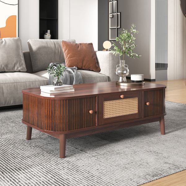 Couchtisch MDF mit Rattan-Optik, Schubladen & Schiebetüren, 110x55x38,5 cm, Natur
