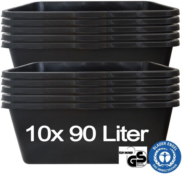 Hossi's Wholesale – 10 Stück Mörtelwanne 90 Liter für Baustelle, Haushalt, Garten, Industrie UVM. – Mörtelkübel für Mörtel, Beton, Schutt & Baustoffe – extrem Stabiler Baueimer mit verstärktem Boden