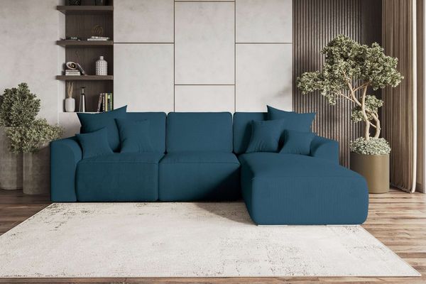 99rooms Gusto Ecksofa Cordstoff POSO Blau Rechts mit Schlaffunktion