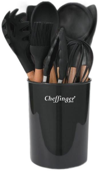 Cheffinger Küchenorganizer-Set Cheffinger 12-tlg Küchenhelfer Kochbesteck Silikon Holzgriff Black