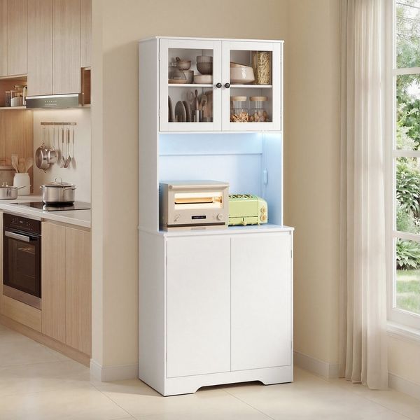 Bealife Buffet Küchenschrank mit Arbeitsplatte und 2 Schranktüren (Mit LED-Licht (farblich einstellbar) & Steckdose)
