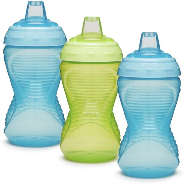 Munchkin Mighty Grip Cups | Trainer Toddler & Baby Bottle | BPA Free | Non Spill |Leakproof | Baby Weaning Cup from 9+ Months | Toddler Bottle 10oz/296ml| 3 Pack | Blue & Green