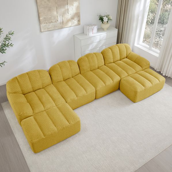 Modulares Ecksofa aus Granulierter Fleece, U-/L-Form, 4-Sitzer mit Ottoman, 366 x 165 x 79 cm, Gelb