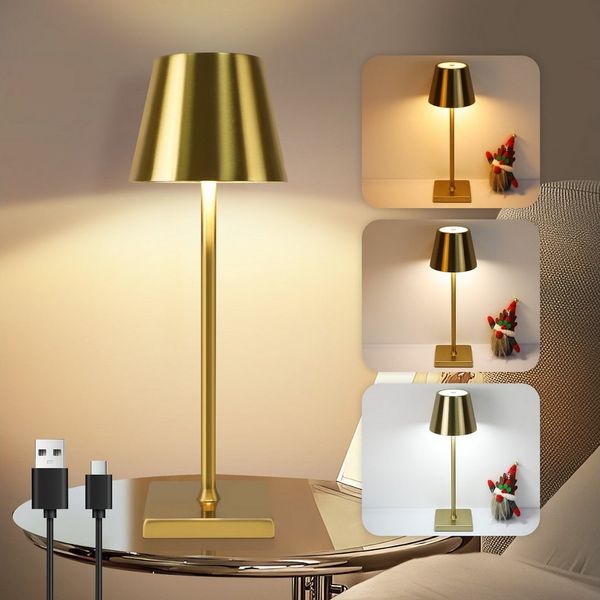 ZMH LED Tischleuchte Kabellos 3 Farbtemperatur Gold Vintage Nachttischlampe Schlafzimmer, Augenschutz, Einfache Installtion, LED fest integriert, 3000-6500K, USB Touch Dimmbar Tischlampe Wohnzimmer Restaurant