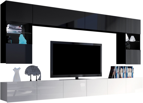 Wohnwand Calabrini I (Farbe: Schwarz + Schwarz Hochglanz / Weiß + Weiß Hochglanz, ohne Beleuchtung)