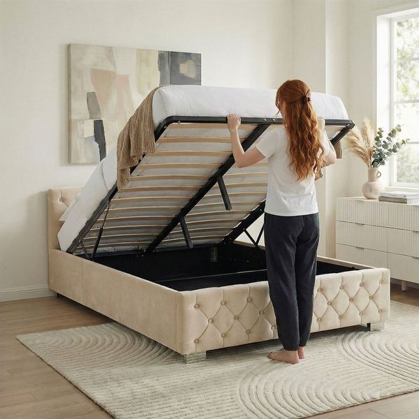 IDIMEX Polsterbett NURI, Bett 140x200 cm mit Samtbezug und Bettkasten Cremeweiß