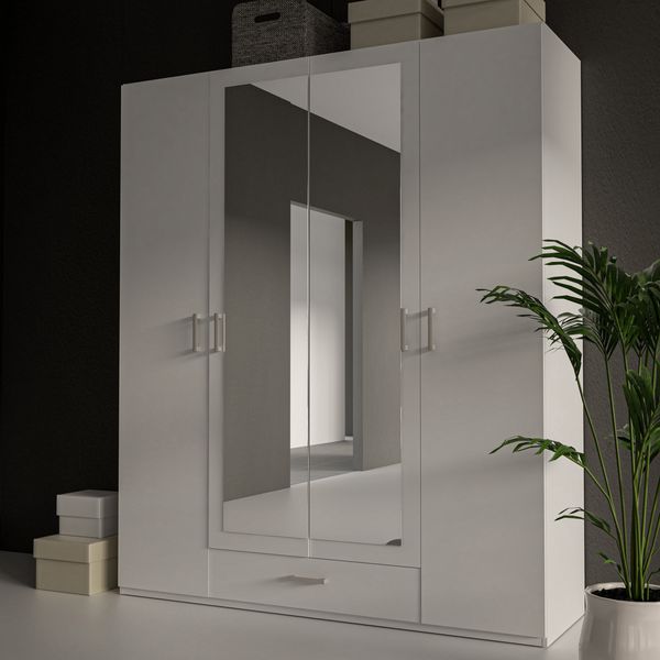 Forte ECONOBOX 2 Kleiderschrank 175 180, 4-türiger Drehtürenschrank mit Spiegel und Schublade, Holzwerkstoff, Weiß, 177,5 cm breit, 210,5 cm hoch, 54,2 cm tief