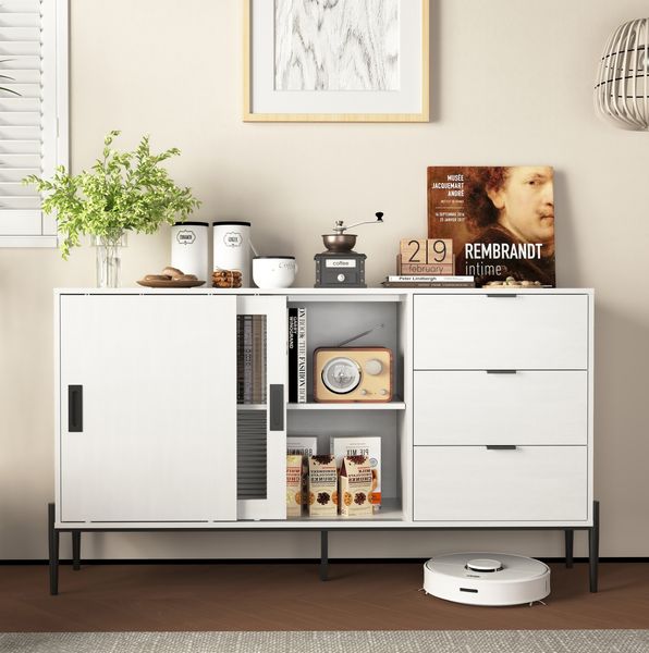 Sideboard mit Glasschiebetür & 3 Schubladen, Weiß, 155x40x91,5 cm