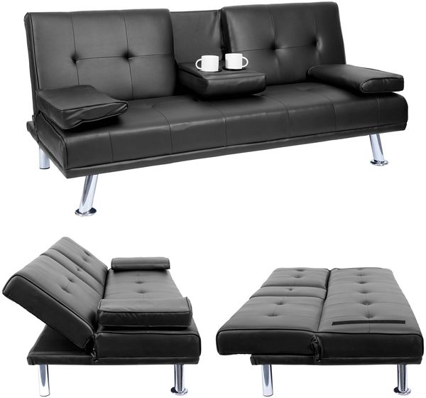 3er-Sofa HWC-F60, Couch Schlafsofa Gästebett, Tassenhalter verstellbar 97x166cm ~ Kunstleder, schwarz