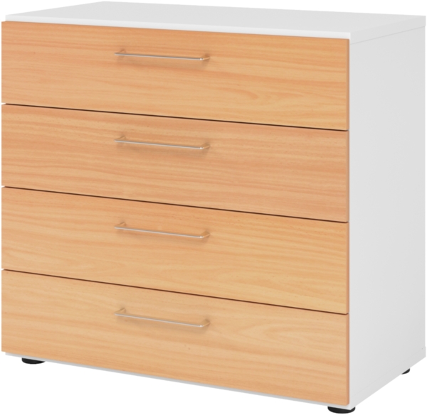bümö smart Schubladenschrank, Büroschrank 80cm breit in Weiß/Buche mit 4 Schüben - Bürocontainer aus Holz, Container mit Metallgriffen & Soft-Stop Schubladen, 928S4-W-6-BS