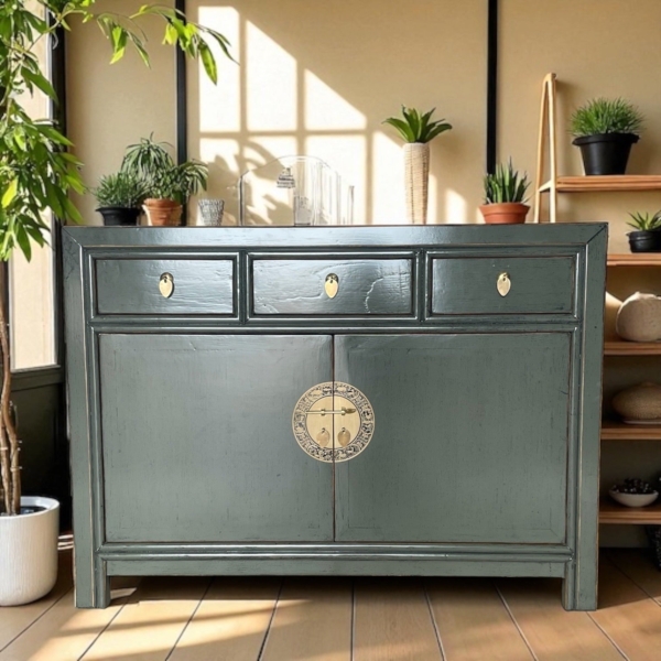 Vintage Kommode Grau Dunkelgrau Messingkreis chinesisch Schrank Sideboard Kolonial-Stil Antik-Stil Lowboard asiatisch orientalisch Fernost shabby-chic Landhaus