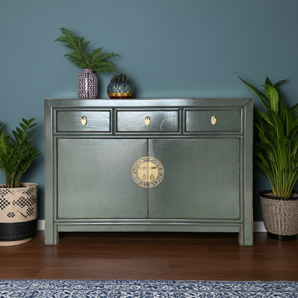 Vintage Kommode Grau Dunkelgrau Messingkreis chinesisch Schrank Sideboard Kolonial-Stil Antik-Stil Lowboard asiatisch orientalisch Fernost shabby-chic Landhaus