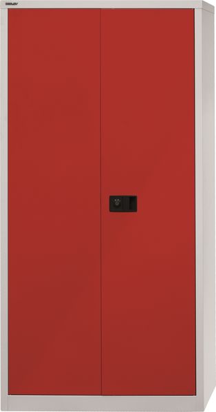 BISLEY Universal Flügeltürenschrank abschließbar - Stahlschrank mit 3-Punkt-Schloss, Tiefe: 50 cm - Werkstattschrank aus Metall mit 4 verzinkten Fachböden für 5 Reihen - Farbe: lichtgrau/kardinalrot, HC782S4G-506