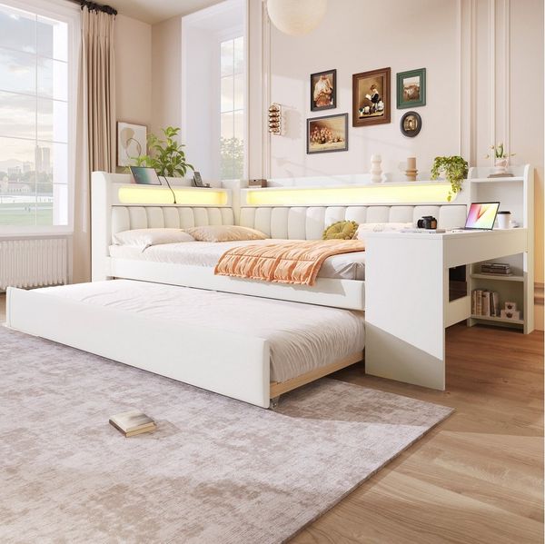 STILVORA Kinderbett mit bettfunktion Polsterbett 140x200 Tagesbett ausziehbar mit LED Weiß (mit LED-Gürtel, USB-Anschlüssen & Ausziehbett – Schreibtisch integriert, 1-tlg, 140x200), mit Ausziehbett