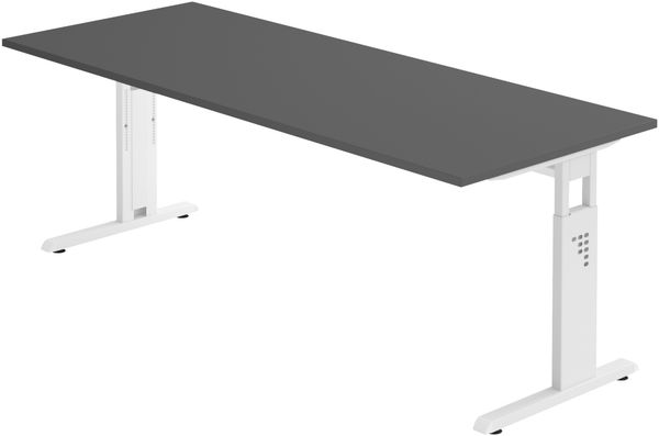 bümö höhenverstellbarer Schreibtisch O-Serie 200x80 cm in Graphit, Gestell in weiß - großer PC Tisch für's Büro manuell höhenverstellbar, Computertisch verstellbar, OS-20-G-W