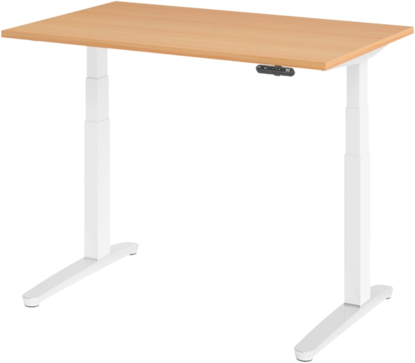 bümö elektrisch höhenverstellbarer Schreibtisch 120x80 cm mit Memory-Steuerung - Design Schreibtisch höhenverstellbar elektrisch, elektrischer Schreibtisch Buche, Gestell weiß/alu, XBHM12-6-WC
