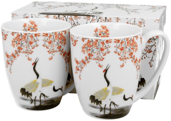 DUO ART GALLERY 2er-Set klassische Becher 350 ml SAKURA & CRANES New Bone China Porzellan