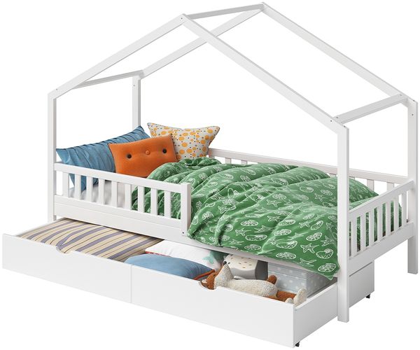 Bellabino 'Vils' Hausbett 90x200 cm mit Matratze und großer Schublade, weiß, Kiefer Massivholz, Montessori Kinderbett mit Stauraum, inkl. Rausfallschutz und Lattenrost Bild 11