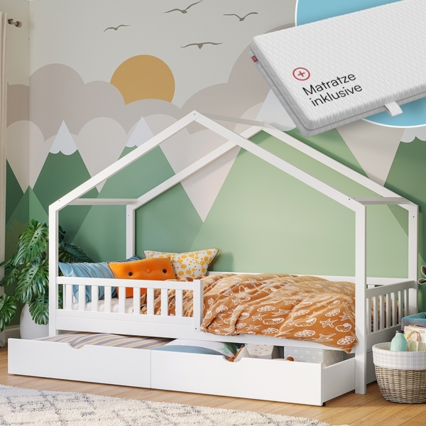 Bellabino 'Vils' Hausbett 90x200 cm mit Matratze und großer Schublade, weiß, Kiefer Massivholz, Montessori Kinderbett mit Stauraum, inkl. Rausfallschutz und Lattenrost