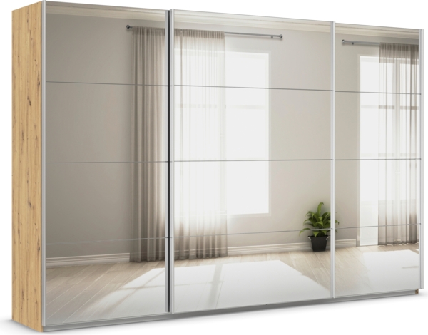 rauch Quadra, Kleiderschrank, Schiebetürenschrank, 3-türig, mit Spiegel, mit 4 Kleiderstangen und 8 Einlegeböden, Farbe Eiche Artisan, BxHxT 315x229x62cm Bild 3
