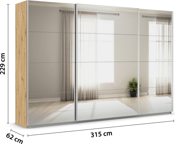 rauch Quadra, Kleiderschrank, Schiebetürenschrank, 3-türig, mit Spiegel, mit 4 Kleiderstangen und 8 Einlegeböden, Farbe Eiche Artisan, BxHxT 315x229x62cm Bild 4