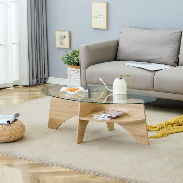 Couchtisch 35.6x104.9x60 cm aus Sicherheitsglas mit fächerförmigem Gestell und Ablage
